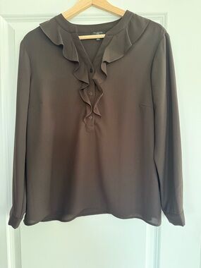 Talbots Brown Ruffle-Front Long-Sleeve Blouse